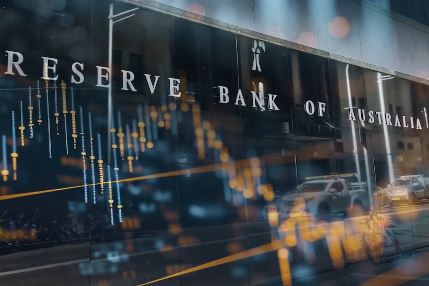 The RBA sign on side of a building, overlaid with a stock market chart