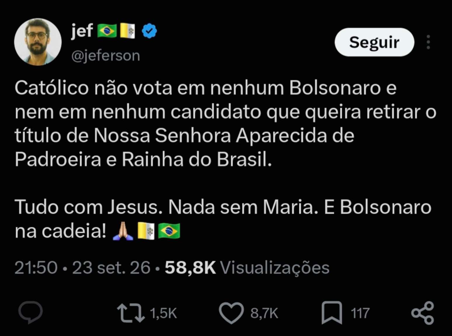 Publica&ccedil;&atilde;o do influenciador Jeferson de Oliveira Monteiro, autor da perfil governista 'Dilma Bolada', foi feita &agrave;s 21h50 de quarta-feira, 23