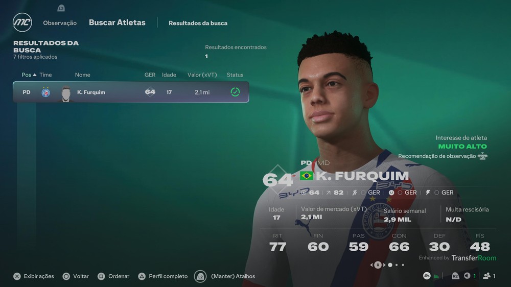Kauê Furquim é uma boa opção para a ponta direita para quem tem um orçamento limitado no EA FC 27 — Foto: Reprodução/Filipe Curitiba