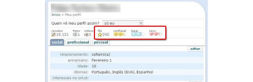 Perfis do Orkut podiam ser avaliados como confiáveis, legais ou sexy, além de mostrar quantos usuários se declaravam fãs — Foto: Reprodução/Orkut
