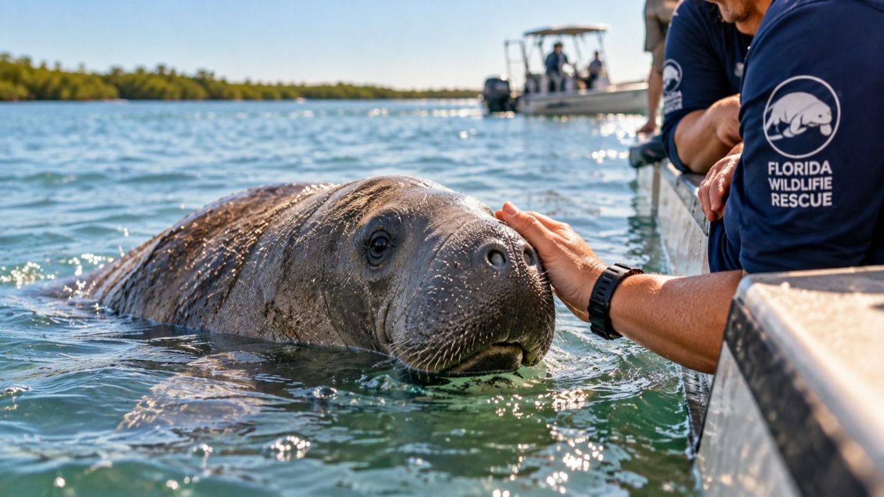 O peixe-boi que ficou ferido após uma provável colisão com uma embarcação, foi recuperado por equipes da Flórida e permaneceu perto da rampa após a soltura, chegando a voltar por alguns instantes enquanto os socorristas iam embora