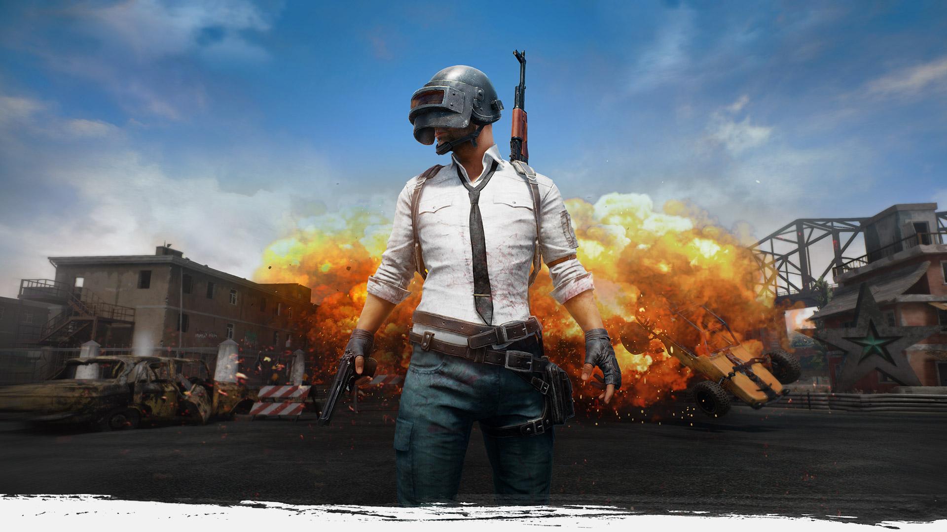 Key art PUBG: Battlegrounds, nh&acirc;n vật đội mũ bảo hiểm trước vụ nổ