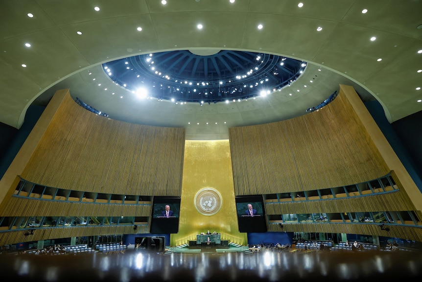 A wide shot of Anthony Albanese on screens in the UN assembly hall.