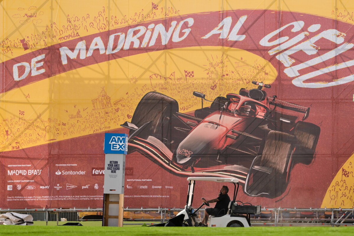 A man drives a golf cart inside the Spanish Grand Prix circuit in Madrid, Spain, Tuesday, Sept. 8, 2026. (AP Photo/Bernat Armangue)
