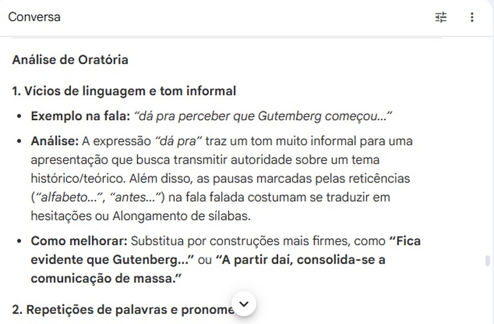 Ao analisar a transcrição de uma apresentação, plataforma do Google identifica os pontos a serem melhorados na fala — Foto: Reprodução/Mariana Tralback