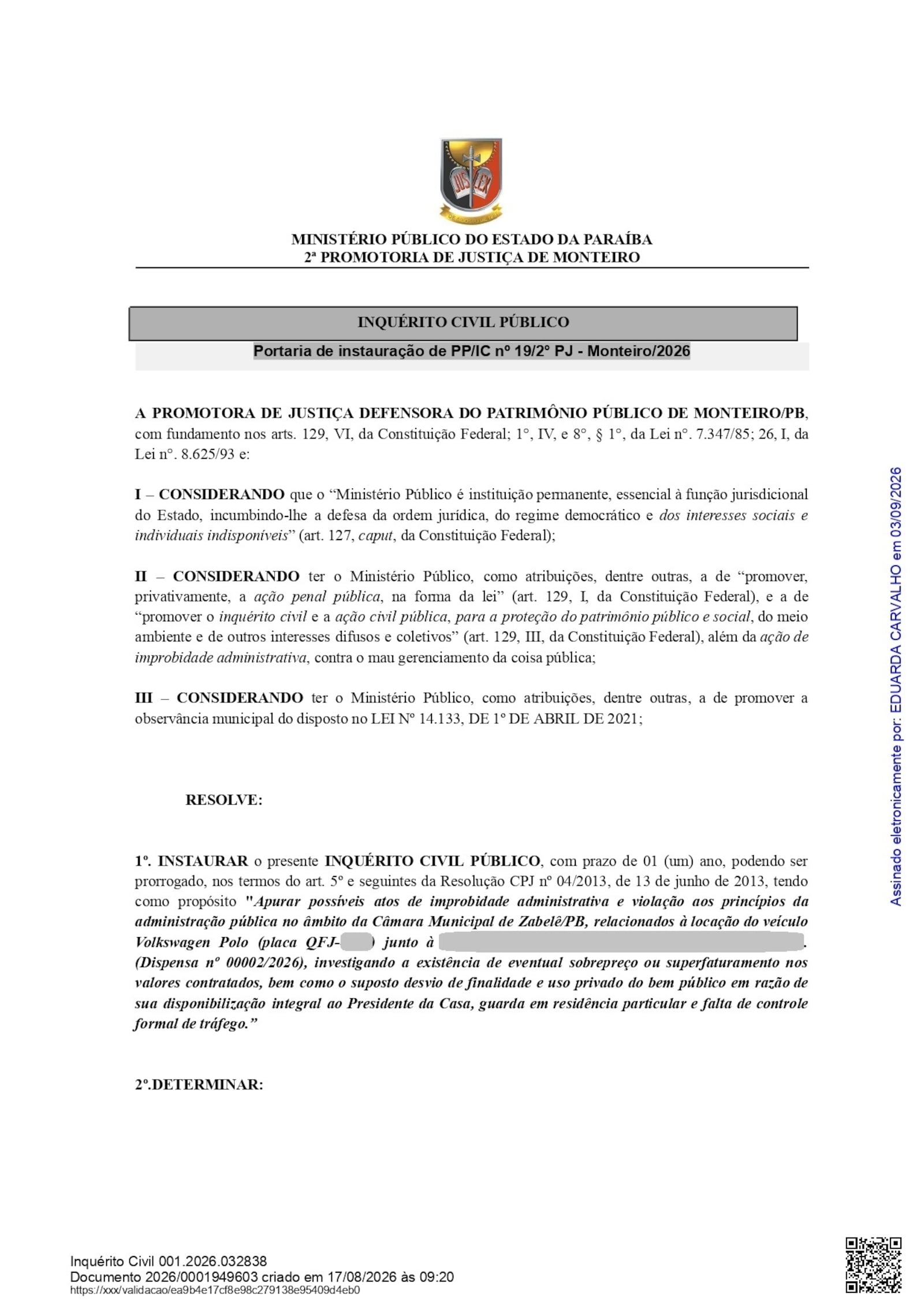 Imagem da matéria: Câmara é investigada por suposto superfaturamento e uso indevido de carro alugado por R$ 49,5 mil, no Cariri
