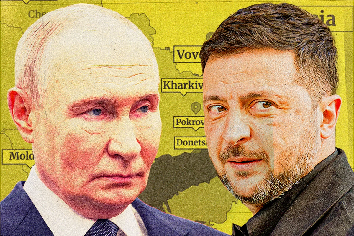 Imagem colorida de Vladimir Putin e Volodymyr Zelensky - Metrópoles