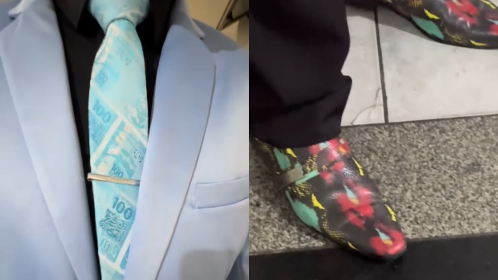 Toninho usou gravata com nota de R$ 100 e sapatos com estampa excêntrica Montagem - Reprodução/Instagram/@nick_senatore
