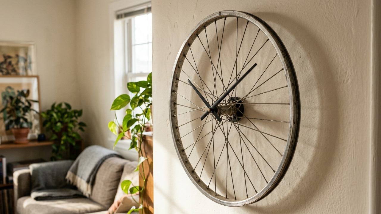 Roda de bicicleta abandonada vira relógio de parede com invenção que transforma sucata em peça de decoração