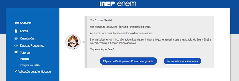 Inscrições e mais informações sobre o Enem são feitas pelo site oficial — Foto: Reprodução/Inep Enem