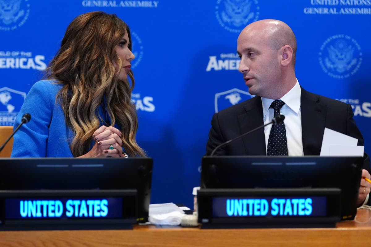 Kristi Noem, special envoy for the Shield of the Americas, talks with White House deputy chief of staff for policy Stephen Miller during a meeting of the multinational political and security coalition “Shield of the Americas” on the sidelines the Unite