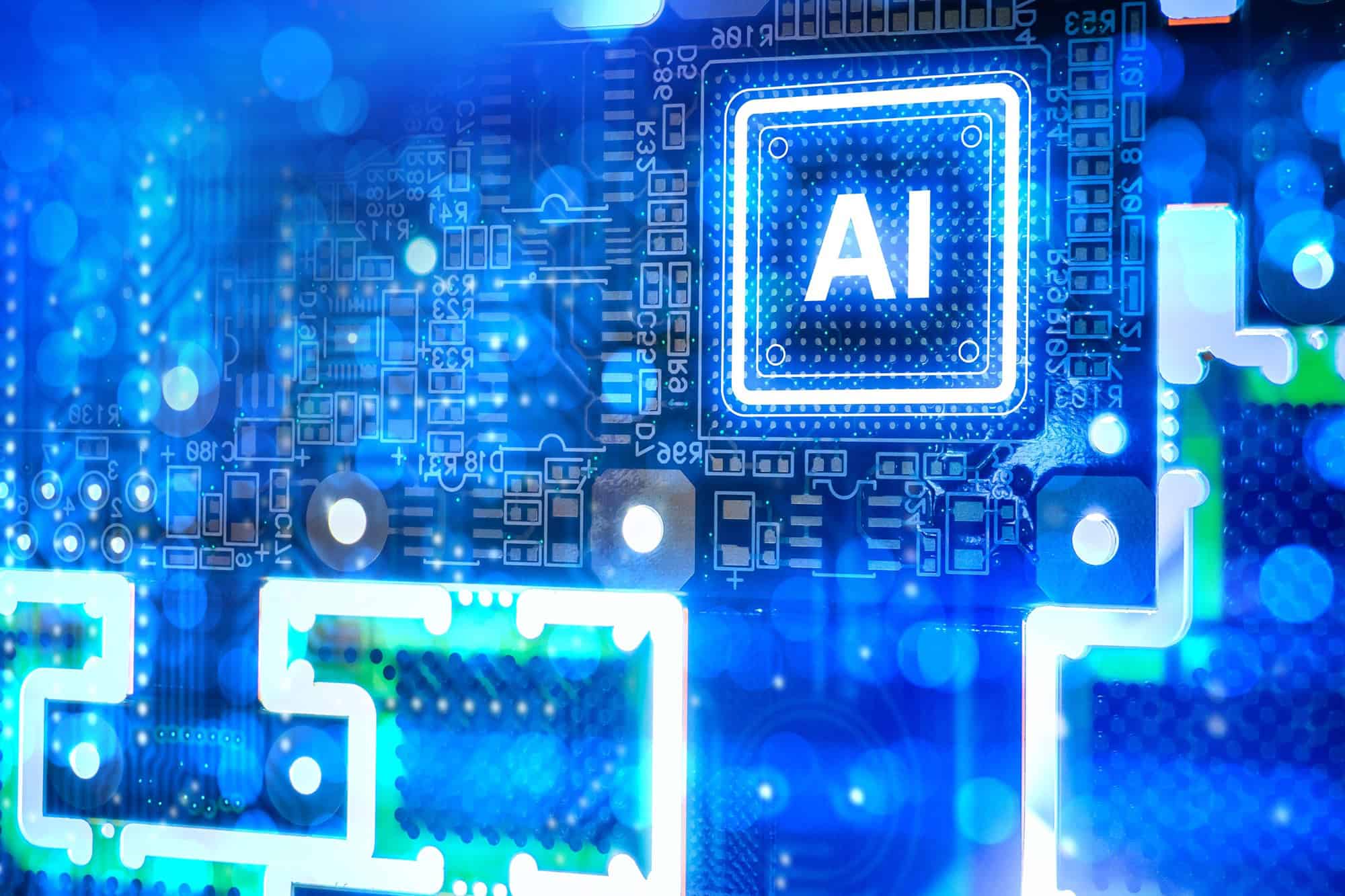 Ilustração de chip de inteligência artificial sobre circuito eletrônico.