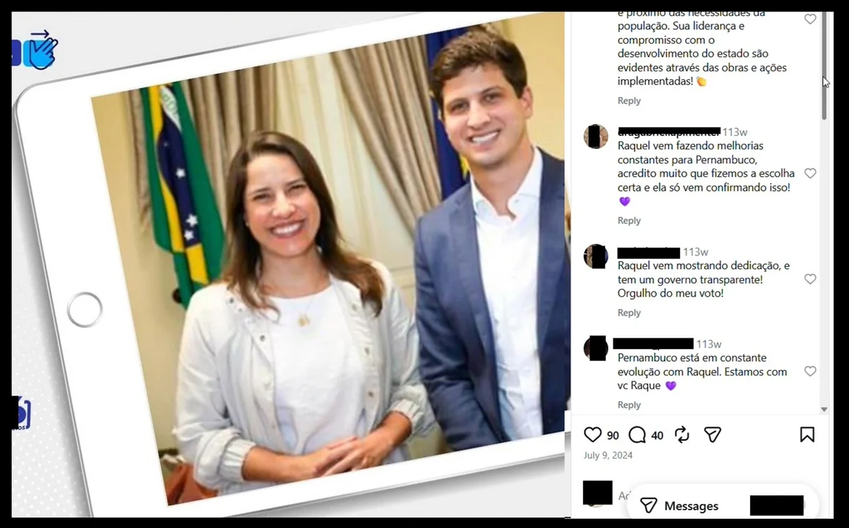 Internautas fazem comentários em rede social a favor de governadora de Pernambuco, Raquel Lyra, no mesmo dia em que advogada ligada a bet incentivava elogios