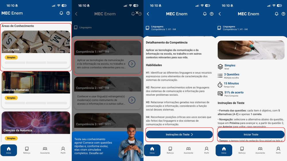 Simulados reproduzem o cronômetro e o formato de questões do Enem — Foto: TechTudo/Késya Holanda