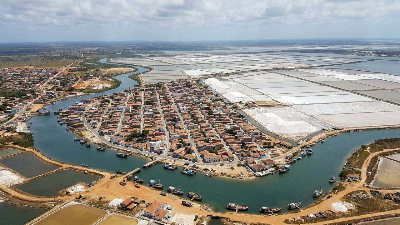 A cidade do Nordeste onde vento e terreno favorecem a indústria do sal e enormes pirâmides brancas viraram paisagem turística