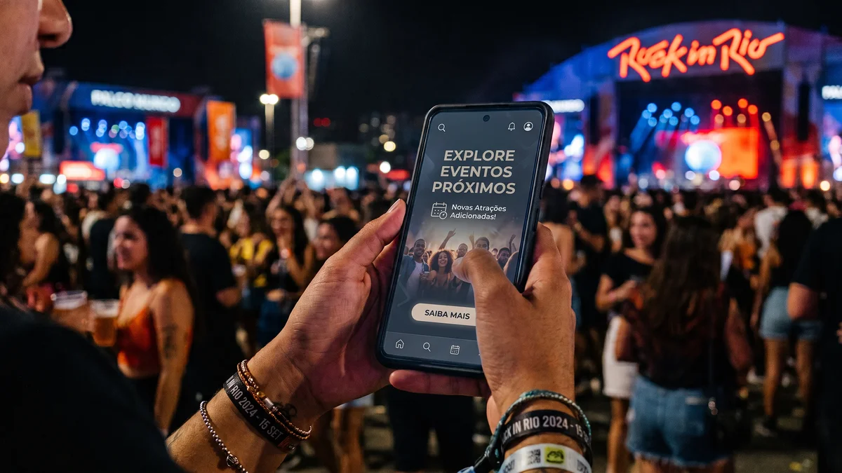 Imagem gerada por IA ilustrando uma publicidade na tela do celular durante o Rock in Rio