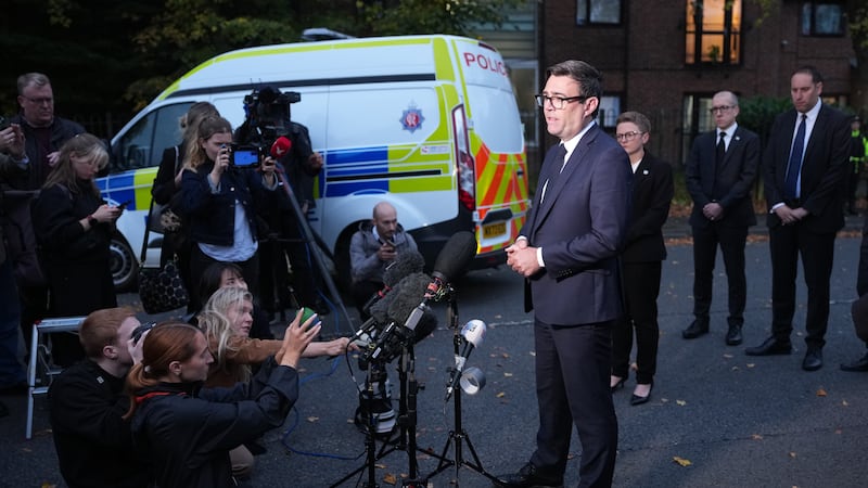 Mr Burnham speaks to the media as he visits Heaton Park Hebrew Congregation Synagogue, after a stabbing and car attack took place on Yom Kippur in October 2025
