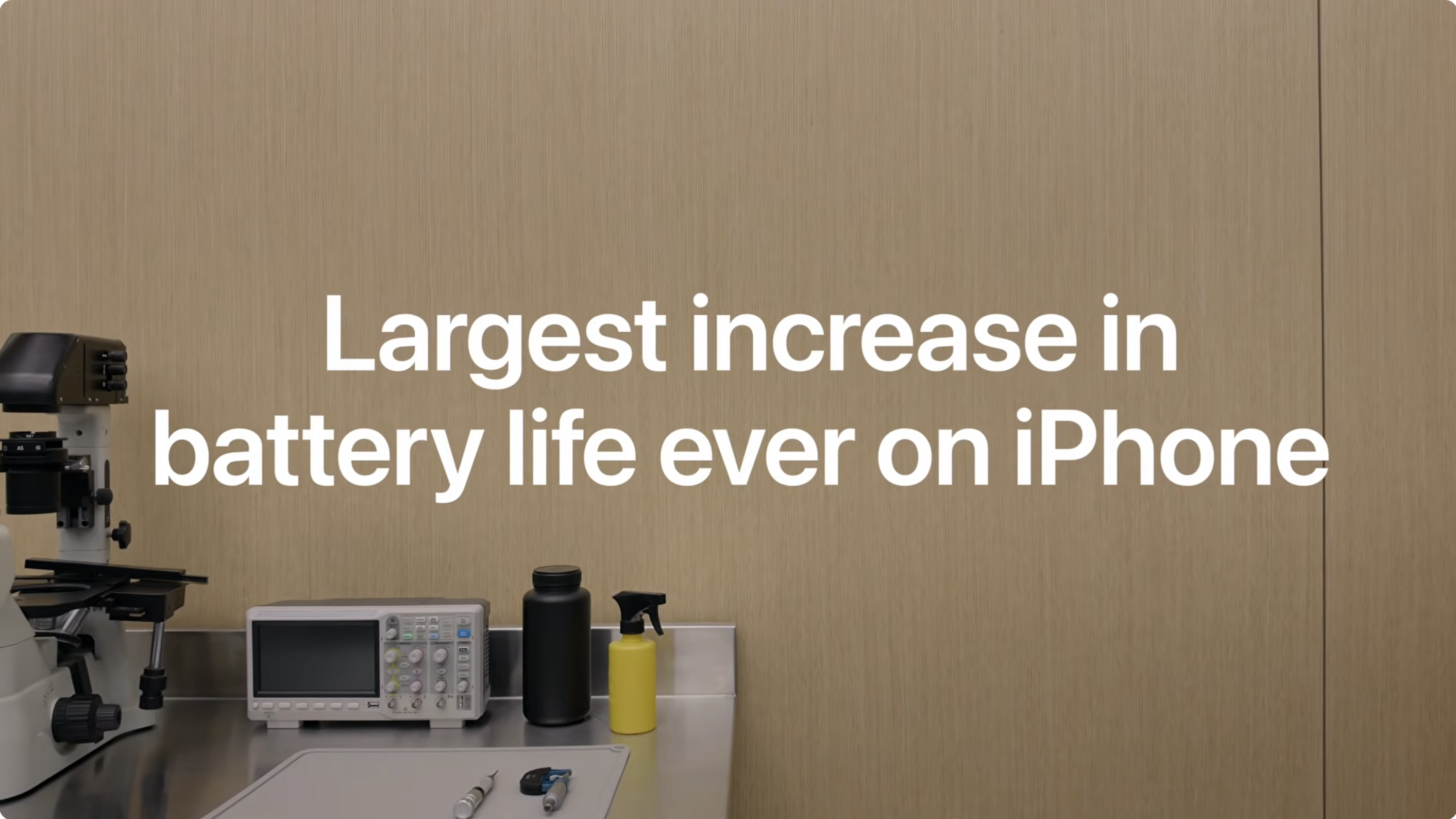 white text of Apple announcing its largest increase in battery life ever on iPhoen.
