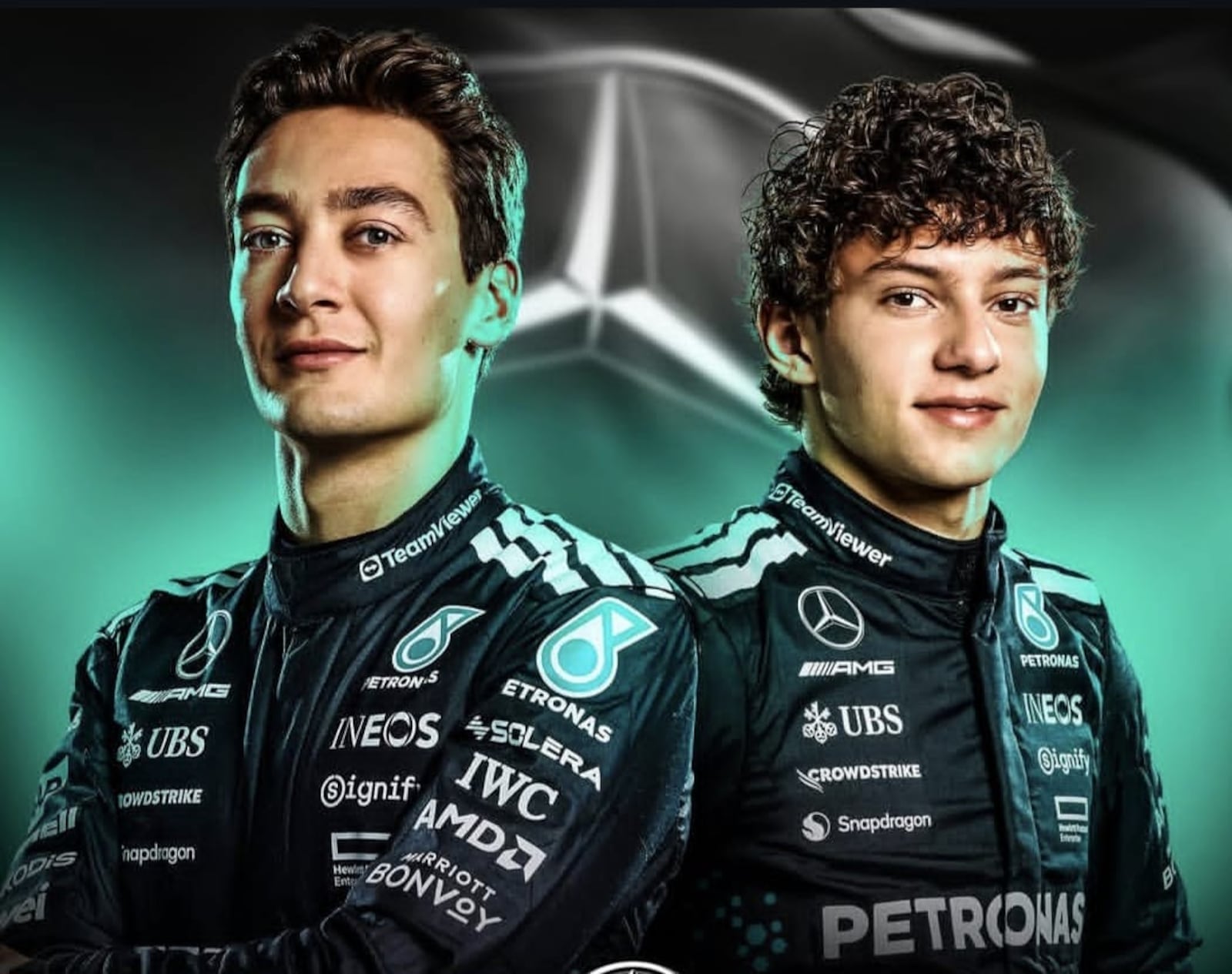 Os pilotos da Mercedes, George Russel e Kimi Antonelli