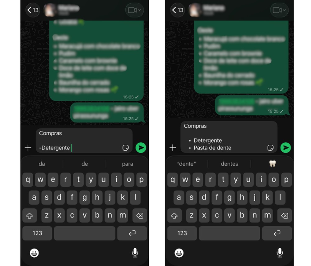 Para criar uma lista de itens no WhatsApp, basta usar hífen ou asterisco antes do texto — Foto: Reprodução/Mariana Tralback