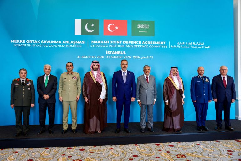 Turkey's Foreign Minister Hakan Fidan, Pakistan's Deputy Prime Minister and Foreign Minister Mohammad Ishaq Dar, Saudi Arabia's Foreign Minister Prince Faisal bin Farhan Al Saud, Turkey's Defence Minister Yasar Guler, Turkish Chief of General Staff General Selcuk Bayraktaroglu, Pakistan's Chief of Defence Forces and Chief of Army Staff Field Marshal Asim Munir, Pakistan's Defence Minister Khawaja Muhammad Asif, Saudi Arabia's Defence Minister Prince Khalid bin