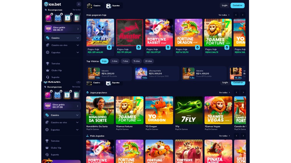 Ice Bet reúne jogos de cassino, títulos populares e uma área com os maiores pagamentos e vitórias exibidos pela plataforma — Foto: Reprodução/Ice Bet