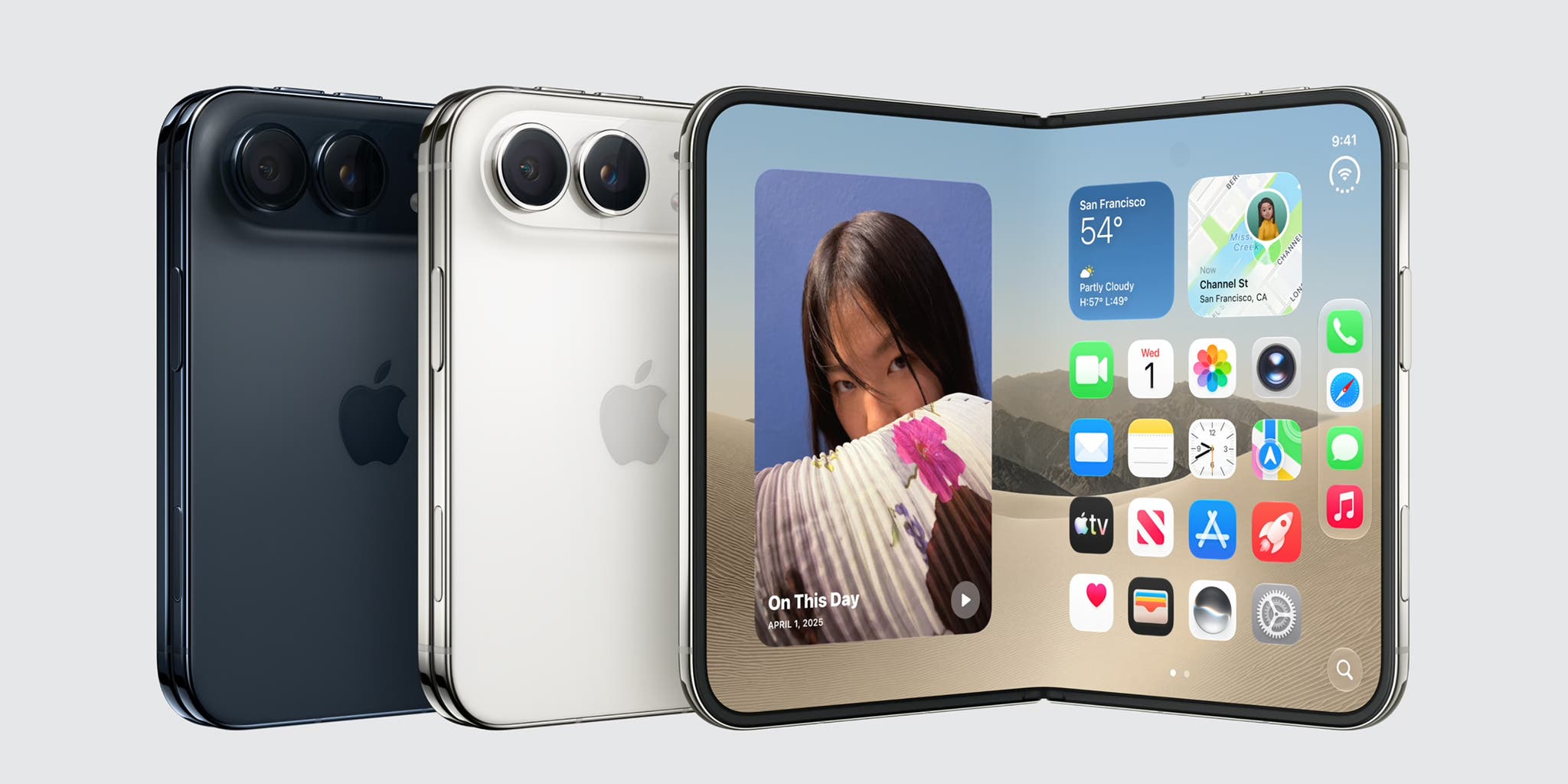 Three Apple iPhone Duo stand in a row against a plain light gray background. The dark blue phone on the left and the silver phone in the middle show their back covers with two camera lenses and an Apple logo, while the phone on the right is opened to reveal a main screen displaying widgets and app icons.