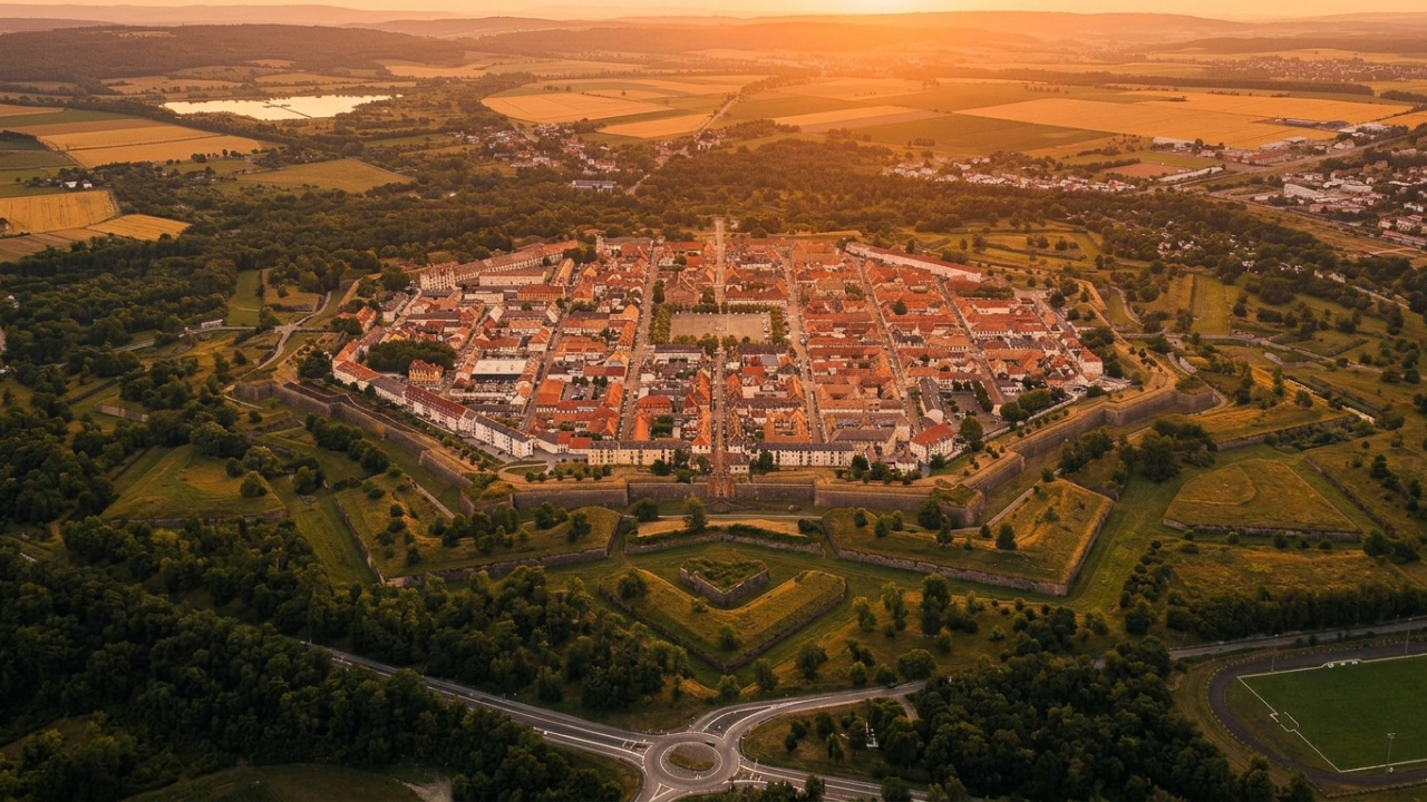 Vista do alto, uma cidade francesa criada do zero em 1698, revela octógono regular com 48 quarteirões entre duas linhas fortificadas