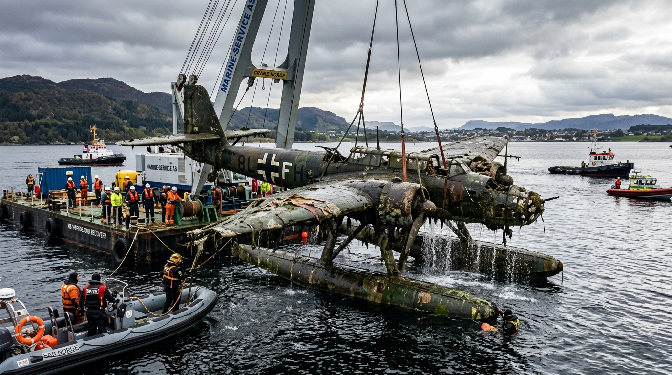 Hidroavião nazista da Segunda Guerra Mundial afundado há quase 70 anos é retirado do fundo de um fiorde na Noruega