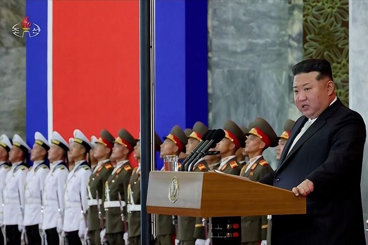 This file photo, released by the Korean Central News Agency, Thursday, shows North Korean leader Kim Jong-un standing behind the podium during a national founding day ceremony the previous day. Yonhap