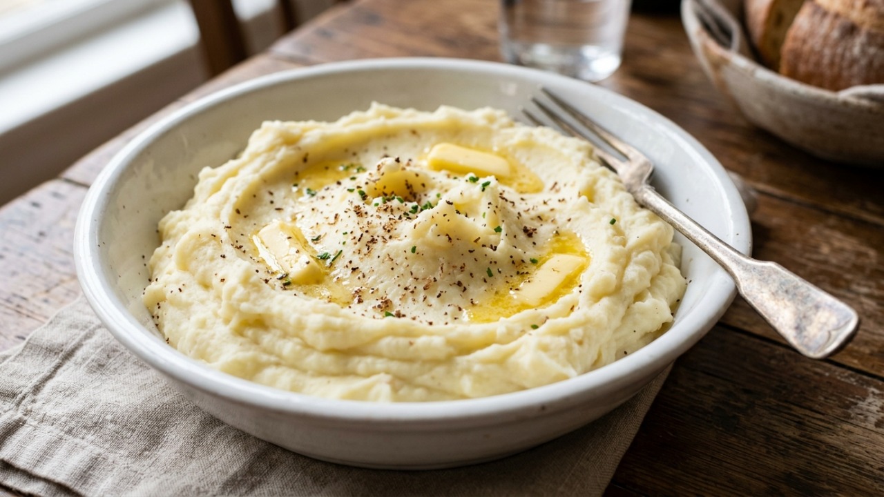 Cozinheiros concordam, o purê de batatas fica com melhor textura e sabor quando as batatas são cozidas com casca em bastante água e amassadas à mão