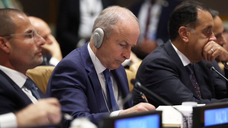 Taoiseach Micheal Martin listens at a Middle East peace event during the United Nations General Assembly (UNGA) at UN headquarters on September 22, 2026 In New York City