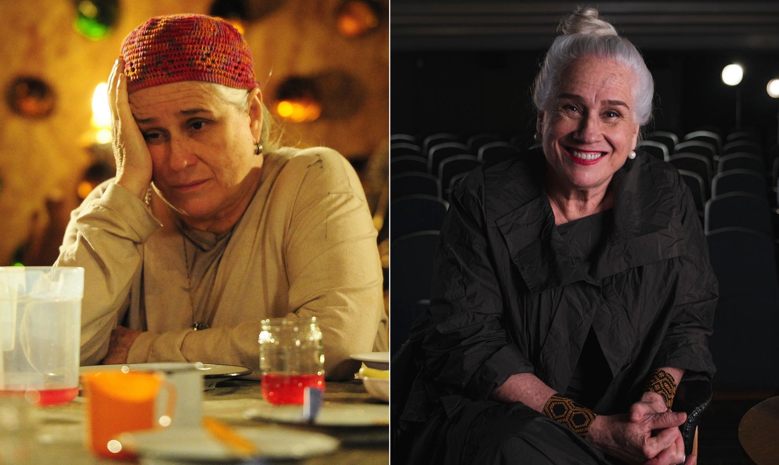 Vera Holtz foi a mãe Lucinda, em 'Avenida Brasil', lixão onde Nina foi criada depois da morte do pai; à direita, a atriz na série 'Tributo' a Manoel Carlos — Foto: Divulgação TV Globo