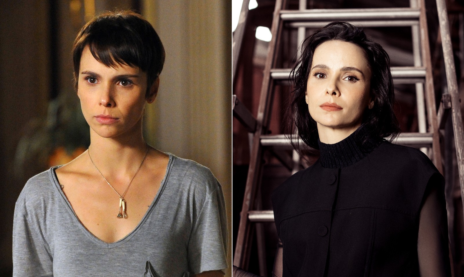 Débora Falabella, a protagonista Nina, de 'Avenida Brasil' na novela (à esquerda) e num ensaio para a Revista Ela em 2025 — Foto: Divulgação TV Globo e Jorge Bispo