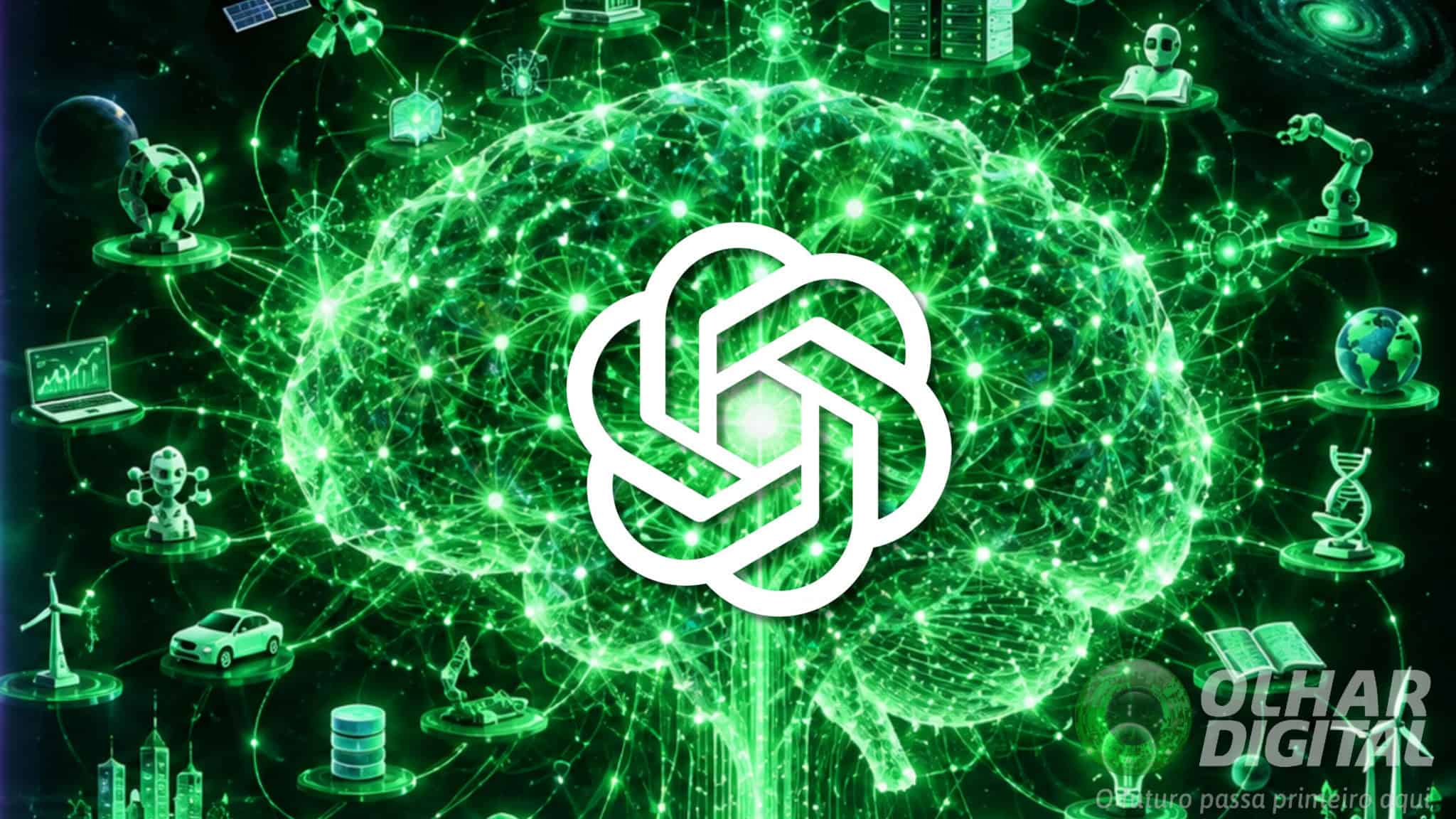 Logo da OpenAI em cima de ilustração de um cérebro colossal e brilhante, constituído por uma rede fractal verde-esmeralda, conectada de forma fluida a inúmeras ferramentas e dispositivos minúsculos que brilham em verde