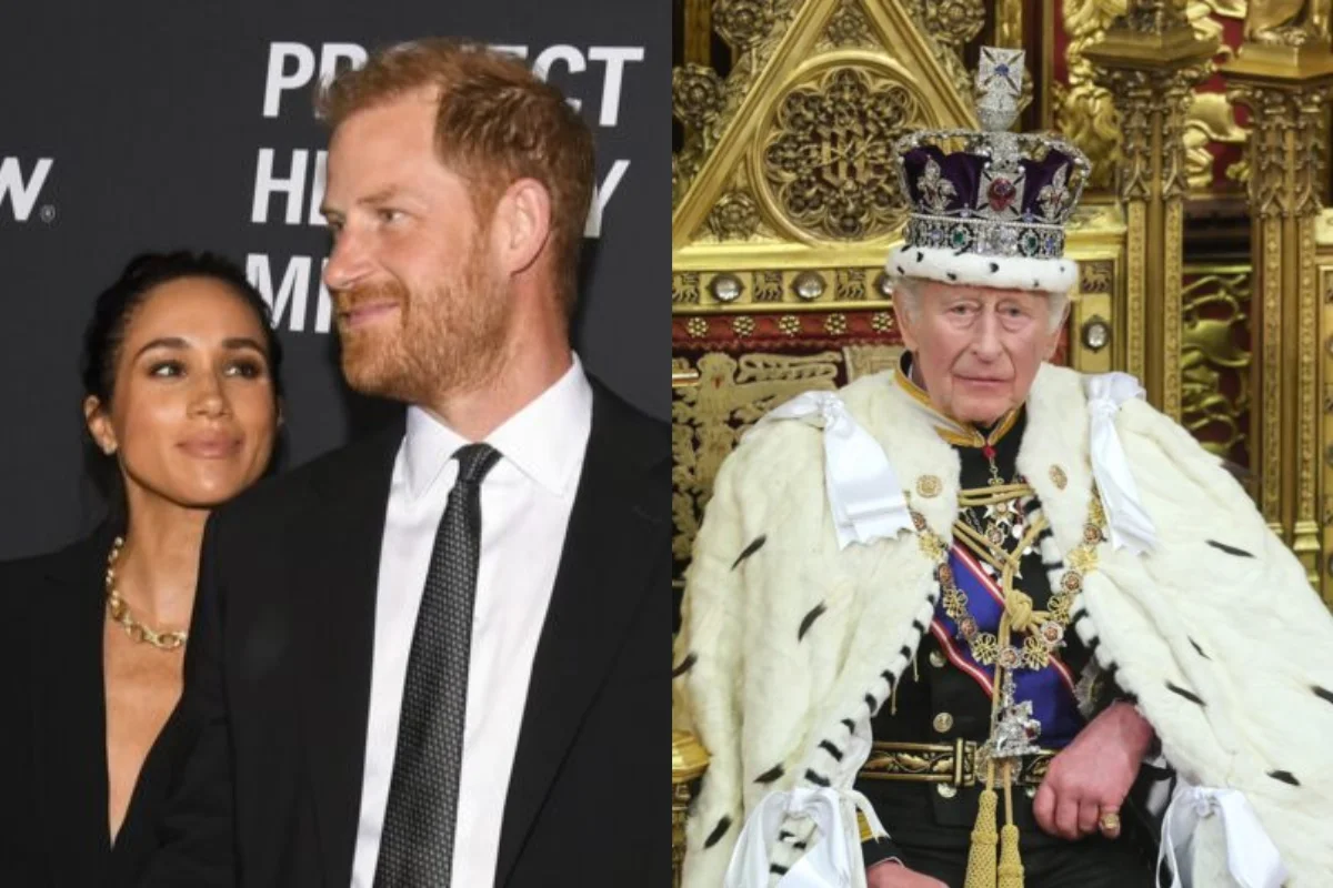 Rei Charles III, príncipe Harry e Meghan Markle