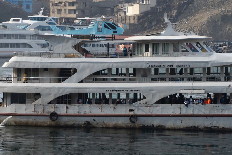 A ferry, linking Goma to Bukavu on lake Kivu, is docked in Goma, Congo Tuesday, Oct. 8, 2024. (AP Photo/Justin Kabumba)