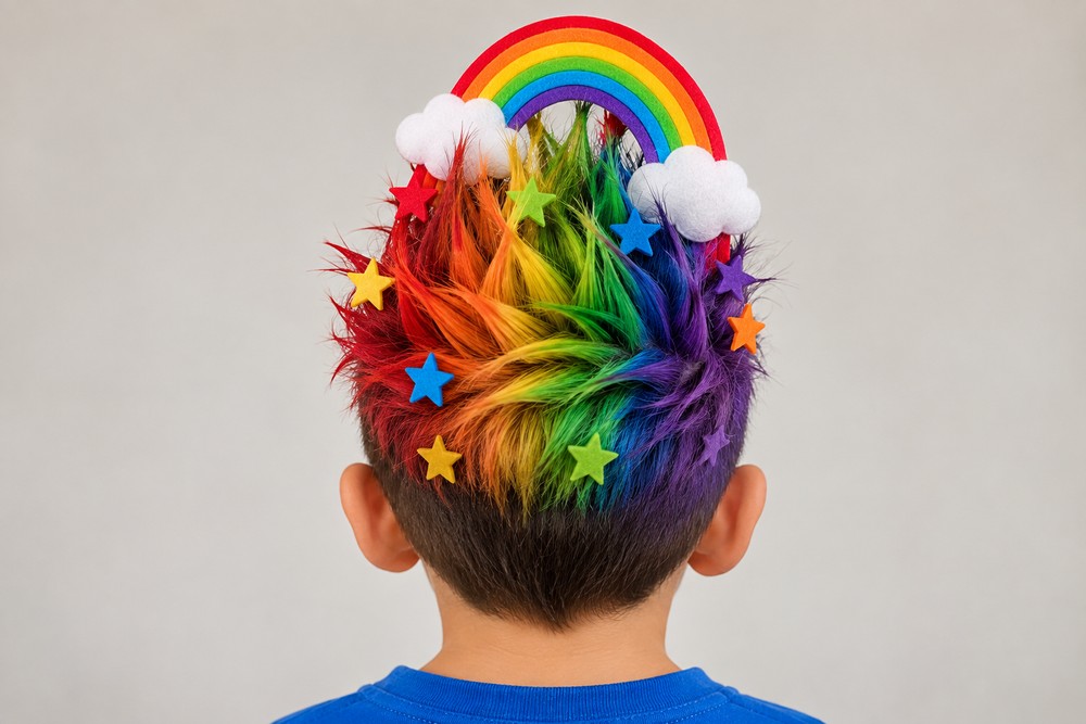 Cabelo maluco de arco-íris com materiais simples e spray colorido — Foto: Imagem gerada por IA/OpenAI