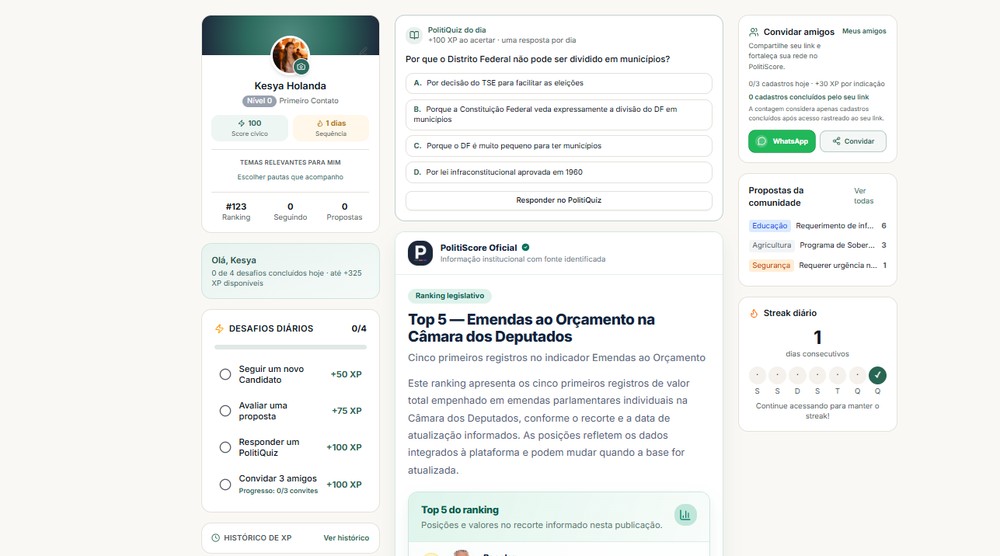 PolitiScore oferece cadastro gratuito para acessar recursos de participação e acompanhamento. — Foto: Reprodução/PolitiScore