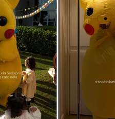 Pikachu interage com crianças durante festa de aniversário de Helena | Amanda Kimberlly vestida de Pikachu Foto: Reprodução Instagram @akimberllya | Reprodução Instagram @akimberllya